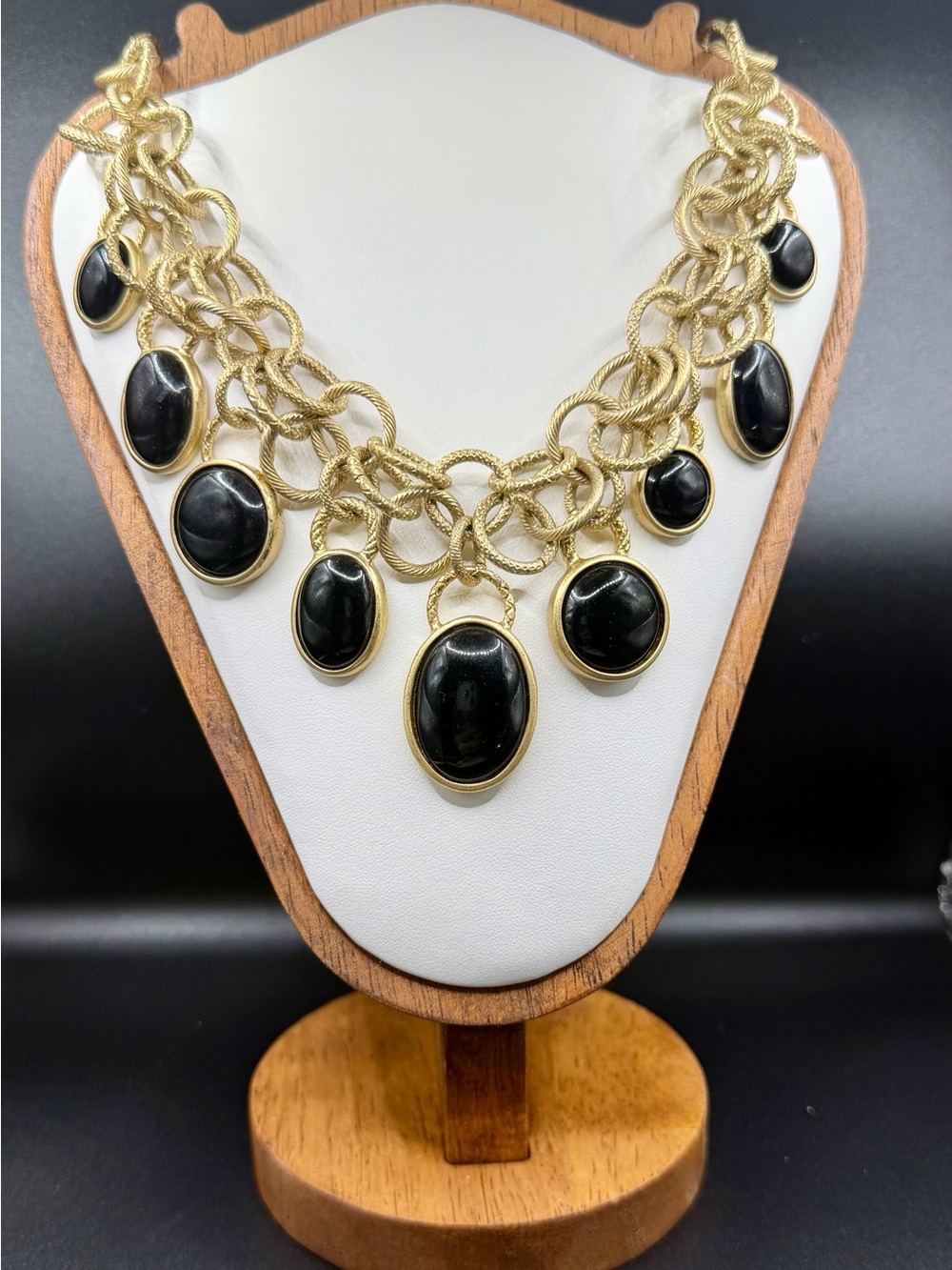 Vtg St Thomas Heavy Gold Twisted Wire Black Cabochon Bib Necklace 102g